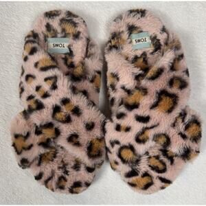 Toms Women's Susie Faux Fur Slip On Slippers Slides Pink Cheetah Sz 9 Cozy Soft